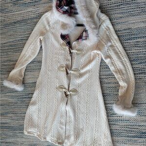 Cream Hooded Toggle Coat with Faux Fur Trim